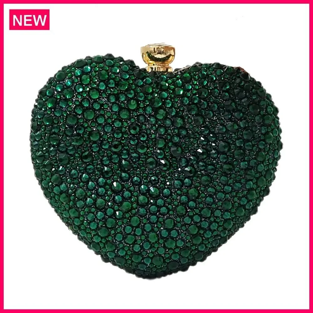 Rhinestone Heart Shape Clutch Purse with Chain for Weddings Parties